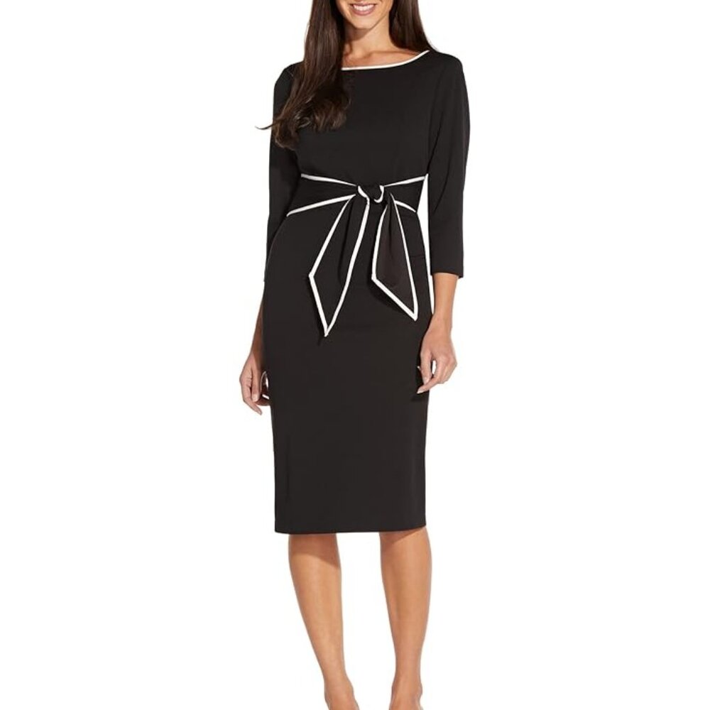 Adrianna Papell Classic Black Sheath Dress with White Trim and Belt
